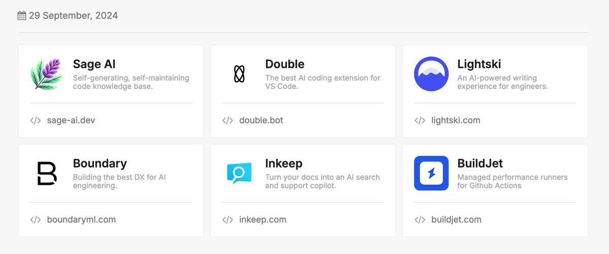 NewDevTools's tweet image. Today&apos;s 6 new dev tools to check out:

1. @sage_ai_app - Self-generating, self-maintaining code knowledge base.

2. @double_ide - AI coding extension for VS Code.

3. @lightskis - An AI-powered writing experience for engineers.

4. @boundaryML - Building the best DX for AI…