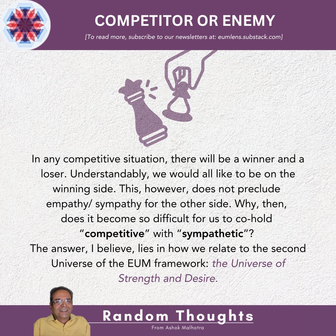 “It is the mixture of hostility and empathy which enlivens a competitive situation and makes it one of the most beautiful experiences,” says Ashok Malhotra in the latest edition of Random Thoughts.
Subscribe today: eumlens.substack.com