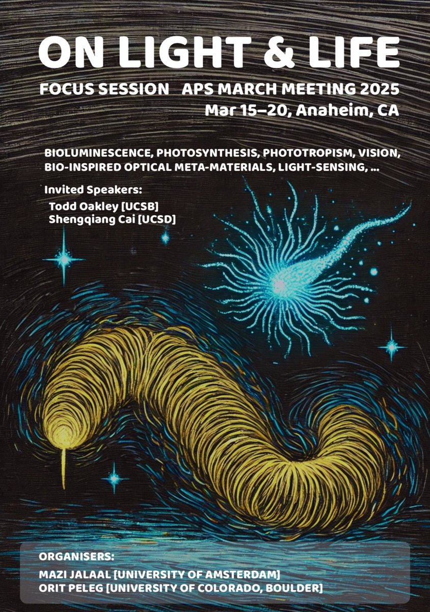Mazi Jalaal (@maziyarj) on Twitter photo With <a href="/oritpeleg/">Orit Peleg</a> we are organising an <a href="/ApsDbio/">APS Division of Biological Physics</a> focus session “On Light & Life”
from energy capture and light production to bio-inspired metamaterial design and more.
Submission deadline is Oct 25
Please help us spread the word and join us in California next March :) With <a href="/oritpeleg/">Orit Peleg</a> we are organising an <a href="/ApsDbio/">APS Division of Biological Physics</a> focus session “On Light & Life”
from energy capture and light production to bio-inspired metamaterial design and more.
Submission deadline is Oct 25
Please help us spread the word and join us in California next March :)