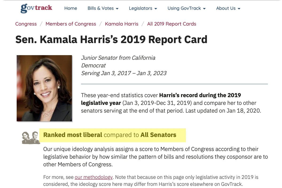 EndWokeness's tweet image. In 2019, GovTrack ranked Kamala Harris as THE MOST LIBERAL SENATOR. 

They scrubbed it in July 2024.