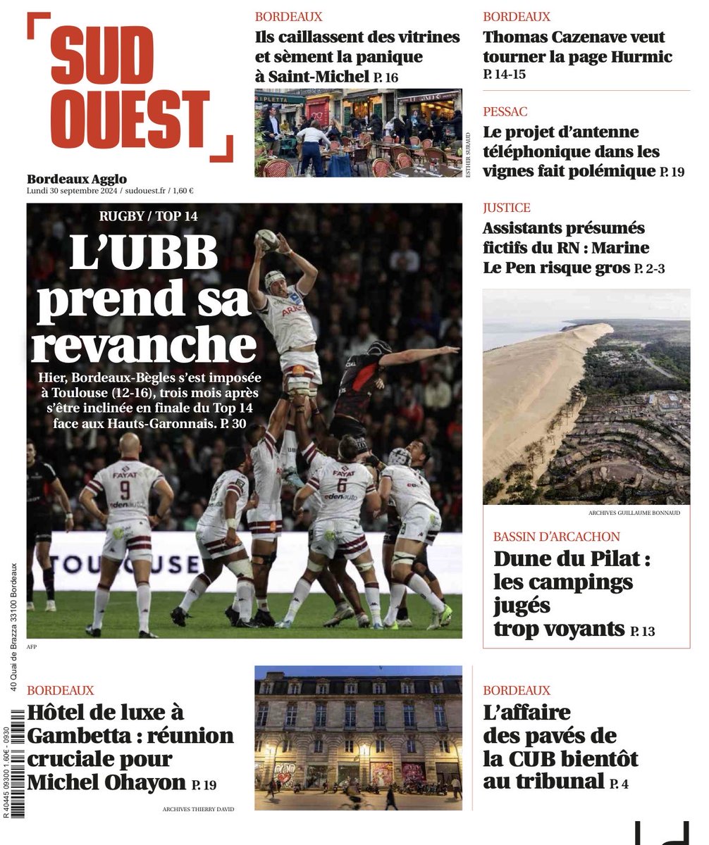 J’adore la une de <a href="/sudouest/">Sud Ouest</a> de ce lundi ⁦<a href="/UBBrugby/">Union Bordeaux Bègles</a>⁩