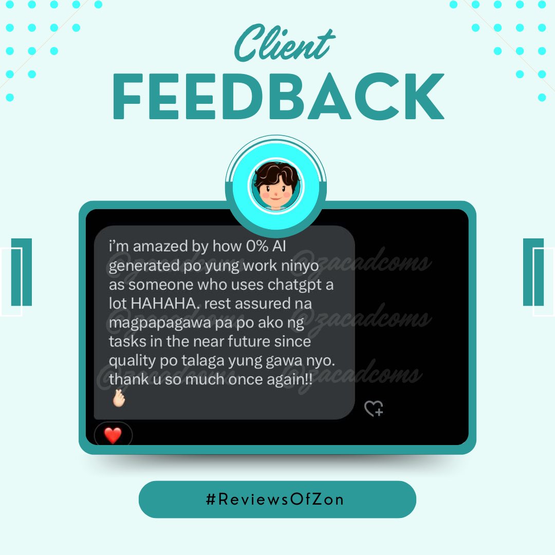 zacadcoms's tweet photo. Feedback from a first-time client who commissioned me for a 300-word essay worth P1,000.✅ The essay focused on identifying a shortcoming of ASEAN’s fundamental principles and expounding on it. Thank you so much for trusting Zon’s services!🥹🫶🏻

Anw, I have just posted my new giveaway for this week.🙌🏻 For those wondering why I’ve been doing giveaways more often lately, it is my way of expressing gratitude for the overwhelming support and blessings I have received these past few weeks.🥹🎉 I am beyond grateful to serve and satisfy you in every service I render!⚡️

 #ReviewsOfZon