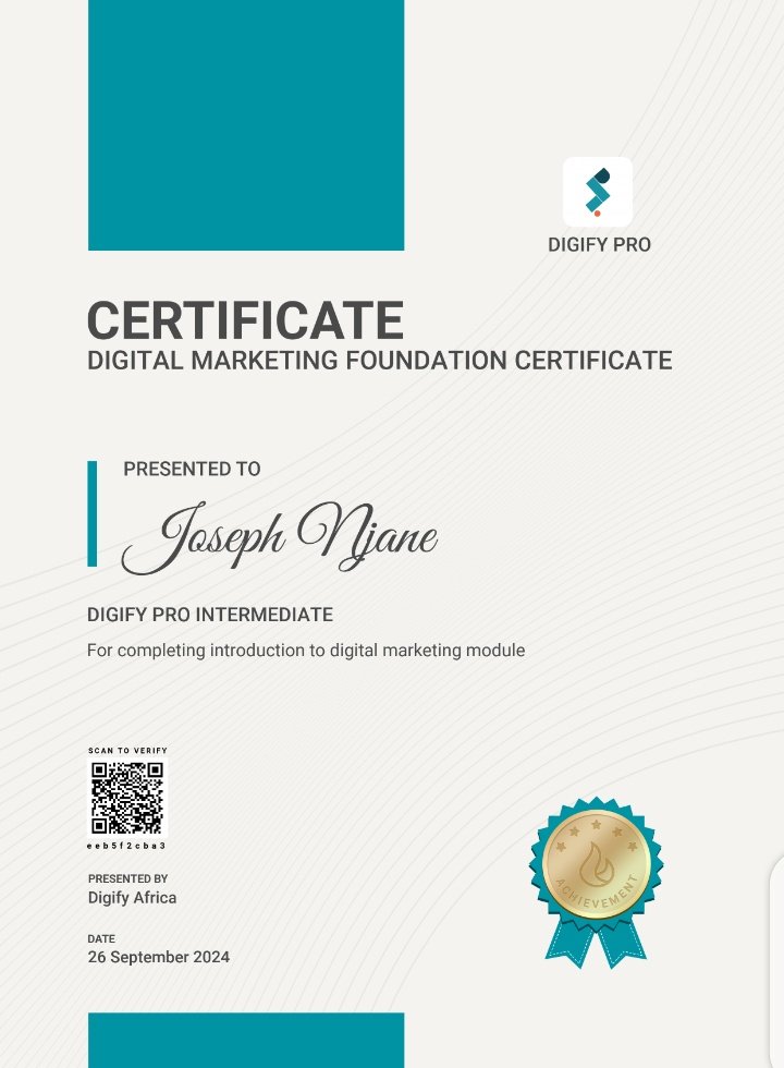 josephnjane_'s tweet photo. I’m happy to share that I’ve obtained a new certification: Digital Marketing Foundation Marketing Certificate from Digify Africa #DigifyPro #DigitalMarketing #DigifyAfrica #Pro5Oweek https://t.co/XgBq099IZF