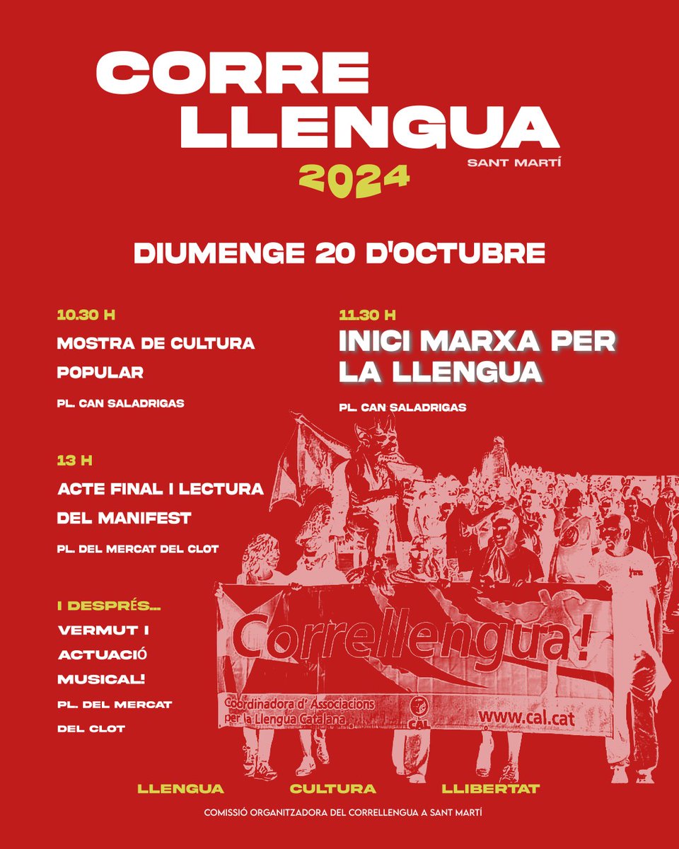 #CARTELL | Fem públic el cartell pel #CorrellenguaSantMartí24 👅, que tindrà lloc el proper DIUMENGE 20 d'octubre 📆

 ➡️ Et vols adherir com a entitat? Fes-ho aquí (tens temps fins el 10 d'octubre!): forms.gle/RJADwhorgyGyPn…

 #Correllengua24 #DefensemElCatalà