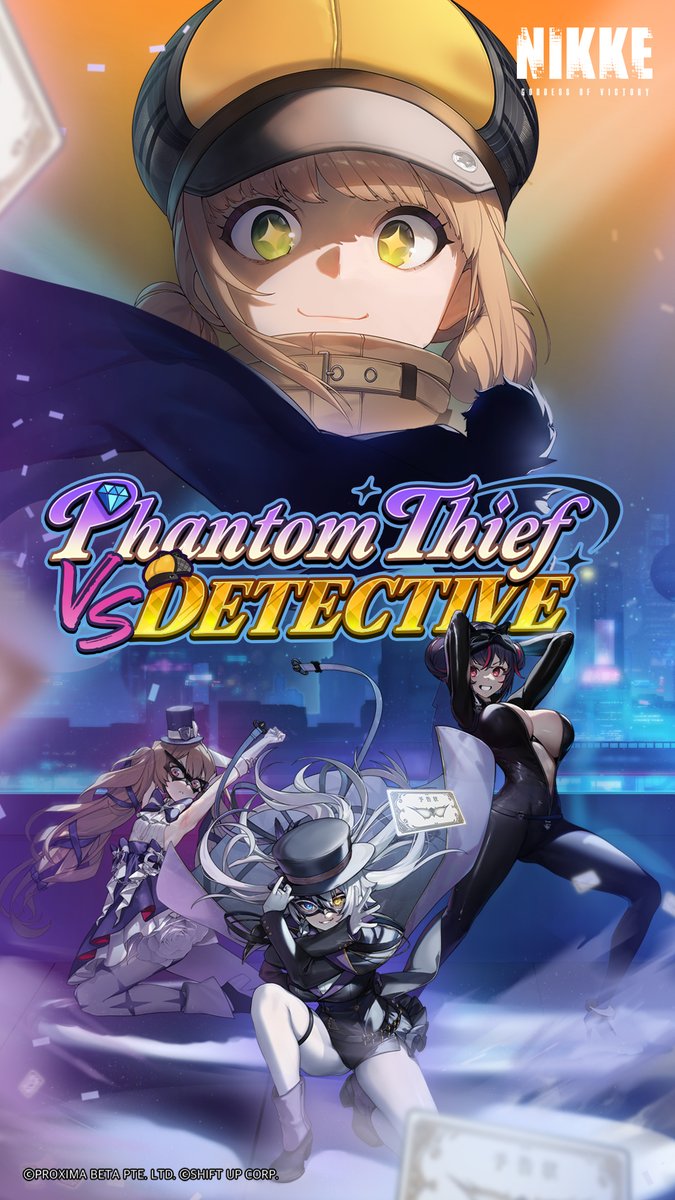 NIKKE_en's tweet photo. 【PHANTOM THIEF VS DETECTIVE】

On a dark, quiet night, the phantom thief Phantom stealthily slips into a house to retrieve an item she was tasked to steal.

Just as she is about to succeed, she runs into Quency, who has just escaped from prison.

To make things worse, the sound of the police's footsteps reverberates from outside the door...

#NIKKE