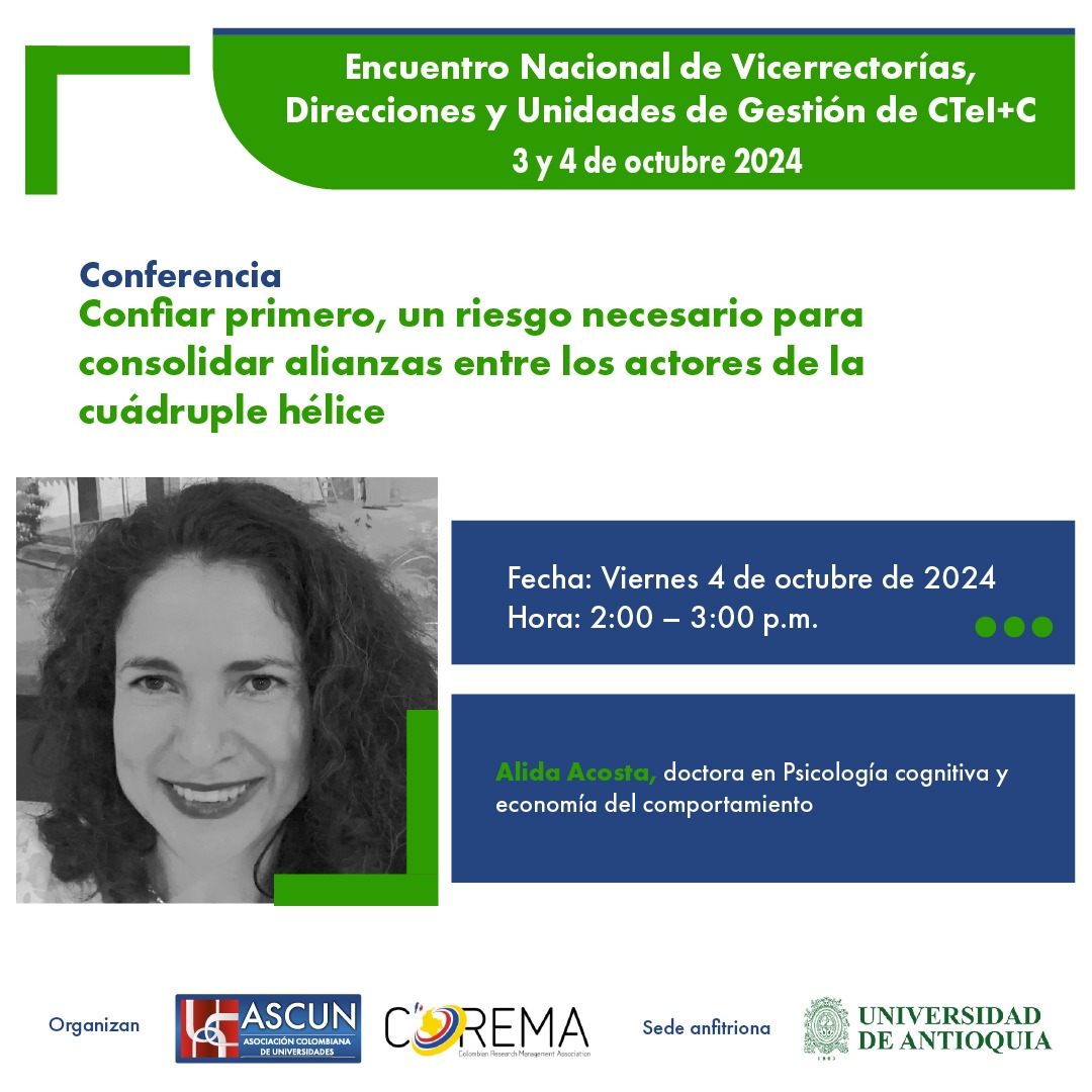 ✨⭐Confianza para consolidar alianzas cuádruple hélice en Ciencia Tecnología e Innovación ⭐✨ con <a href="/AcostaAlida/">Alida Maria Acosta</a>
Nos vemos en la <a href="/UdeA/">Universidad de Antioquia</a>
Más info: ascun.org.co/que-hacemos/es…

#GestiónCTeI2024
#LiderazgoYGestiónCTeI 
#EncuentroNacionalInvestigación2024
Organiza: <a href="/COREMA_/">COREMA</a> <a href="/ascunoficial/">ASCUN</a>