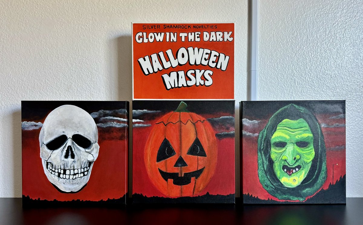 RealBradBruce's tweet photo. New Halloween III paintings done. Always loved part 3. #halloween3 #tomatkins #donpost #paintingoncanvas #johncarpenter #stopit #SilverShamrock #seasonofthewitch https://t.co/TmCy6dTuch