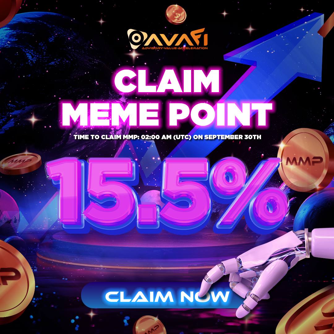 AVAFI_AI's tweet photo. 📢Reminder: The MMP claim will take place at 2:00AM UTC on Sep 30th. Please claim within 24 hours, or you can choose to save it for next month.

 🔍 Note: Market fluctuations have impacted MemePoint rates. We’re monitoring closely, appreciate your patience &amp; support. Thank you!🌟 https://t.co/jKNQCGBj0K