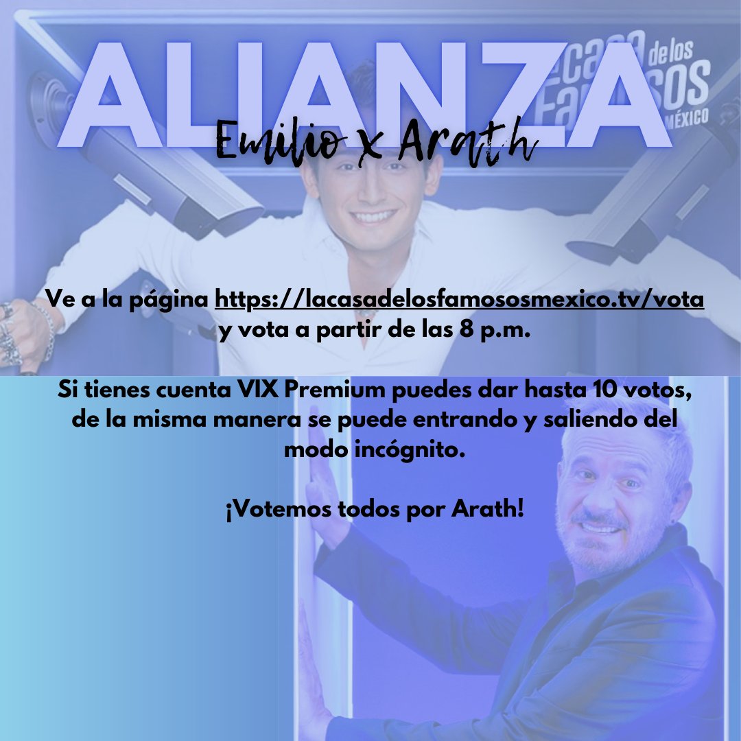 EmilioHispanic's tweet photo. ¡Fandom! No olviden votar hoy por nuestro querido Arath De la Torre en la final de #LaCasaDeLosFamososMx 

Recuerden que tenemos una alianza con su fandom, así que queremos ver todas sus capturas votando por él en las respuestas.

¡VOTA POR ARATH!

⛓️: https://t.co/4wKYSWCo0L https://t.co/WqgpyTaoeQ