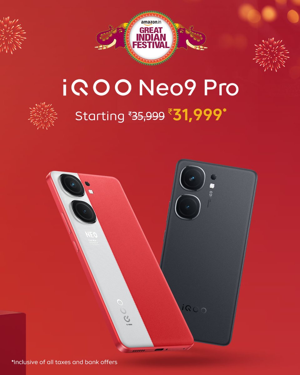 IqooInd's tweet image. Power up this festive season with the #iQOONeo9Pro, featuring the dynamic duo of Snapdragon 8 Gen 2 and SuperComputing chip Q1. Sale is live @amazonIN during the #AmazonGreatIndianFestival! 🚀

Buy Now – amzn.to/3MOl6PK

*Inclusive of all taxes and bank offer, ₹2000