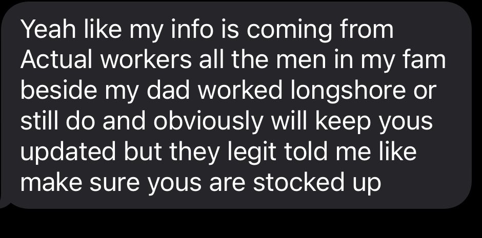 MichaelinPhilly's tweet image. For what it is worth a friend of mine sent this to a group chat I am in today.

This is in regards to the Longshoreman strike that is looming.  Not sure why this isn’t getting more attention in the news… 

Free advice.  Take it or leave it.  🤷🏻‍♂️ 

#longshoreman #strike #NoFood