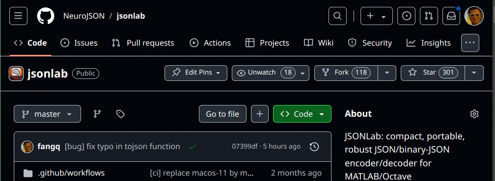 FangQ's tweet photo. After nearly 14 years since the 1st commit of #jsonlab, I decided to transfer its official repository to
https://t.co/GVOYsOMwU0
it is not just just a personal project, but something bigger
BTW: it got its 300th🌟, it is nothing compared other projects, but a milestone to me https://t.co/e1OBJzxJFv