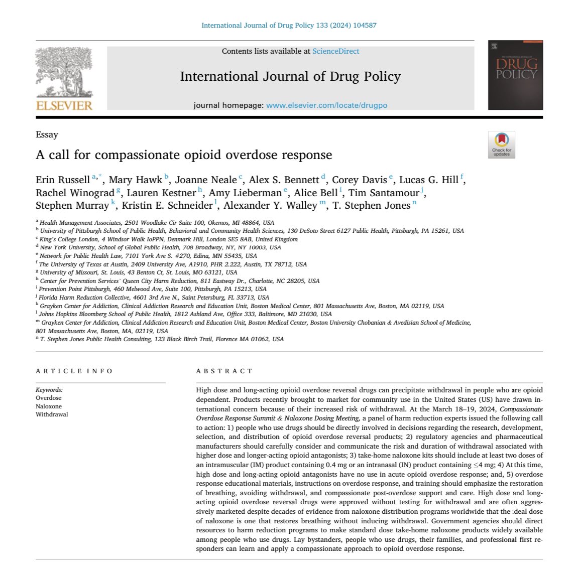 International Journal of Drug Policy (@ijdrugpolicy) on Twitter photo “A call for compassionate opioid overdose response” by Erin Russell et al (2024) via <a href="/ijdrugpolicy/">International Journal of Drug Policy</a>…is your response to an overdose defined as compassionate by people who use drugs? Have you asked? Must read essay!
Link: sciencedirect.com/science/articl… “A call for compassionate opioid overdose response” by Erin Russell et al (2024) via <a href="/ijdrugpolicy/">International Journal of Drug Policy</a>…is your response to an overdose defined as compassionate by people who use drugs? Have you asked? Must read essay!
Link: sciencedirect.com/science/articl…