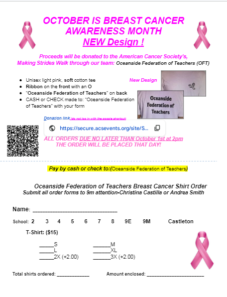 Don't forget, tomorrow is the last day to order a Breast Cancer OFT shirt. Shirts are only $15 and proceeds go to American Cancer Society's Making Strides Walk. Please place orders before 2 PM on October 1st.