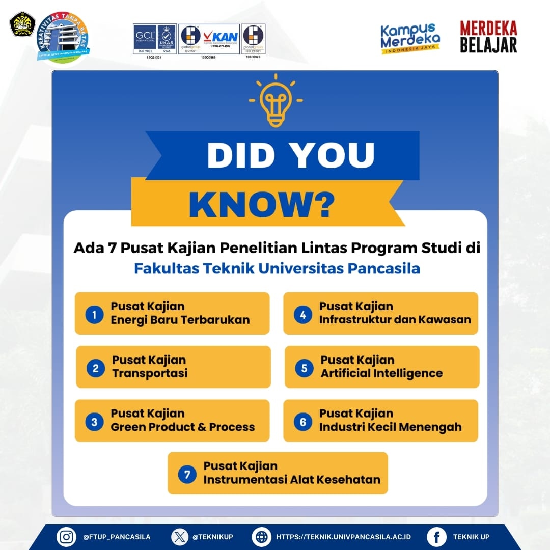 TeknikUp's tweet photo. Fakultas Teknik Universitas Pancasila (FTUP) punya 7 Pusat Kajian Penelitian Lintas Program Studi loh! Yuk simak postingan berikut.
Jadi kamu ga perlu ragu lagi untuk memilih FTUP untuk melanjutkan studi. Sampai bertemu di FTUP. ππ
#FTUP #FakultasTeknik #UniversitasPancasila https://t.co/1qRw0Ikr2P