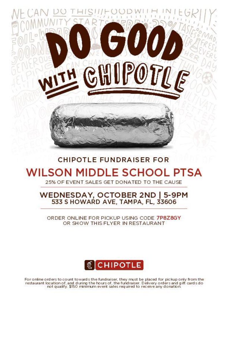 Come out and support the Wilson PTSA on Wednesday 10/2 at Chipotle for our first restaurant fundraiser of the year. Dine in or order online. Be sure to mention this post or enter the code below.
