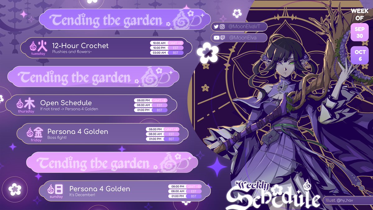 MoonElvaVT's tweet photo. 🌙#ElvaLive (Sep 30-Oct 6)💤

12-hour crochet stream will be on Tuesday, and again, I will start when I wake up~

Might play P4G on Thursday if I'm not too tired!

🎨: @/hy_hav https://t.co/J3t49YUZo4