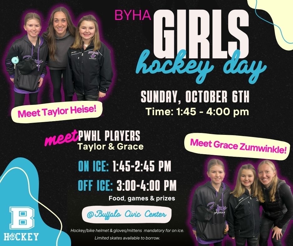 🏒 Get ready for an epic day of hockey fun on October 6th! Join us for BYHA Girls Hockey Day with PWHL players, Bison girls high school team, skating, food, prizes, and more. Don't miss out on the action! 🥅🎉 #GirlsHockeyDay  #BYHA