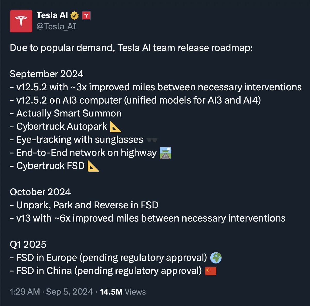 I gotta hand it to the <a href="/Tesla/">Tesla</a> FSD/AI team. When I first saw this list of goals for September, it looked like it would be tough to meet them all. But with the launch of FSD on the Cybertruck tonight, they've officially hit every single September target.

While some Sept items