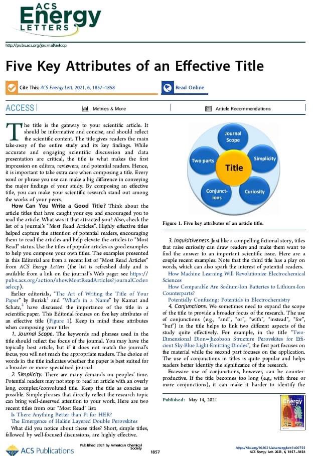 I_amXhoaib's tweet photo. Five Key Attributes of an Effective Title of a Research Paper
Prof. Prashant V. Kamat (University of Notre Dame, USA)
Weblink: https://t.co/g0pwn7ts6x
#Academicadvice #AcademicTwitter #PhD #LISAOnGlobalCitizenFestival #Research #BBNaija https://t.co/0i2n1koNrM