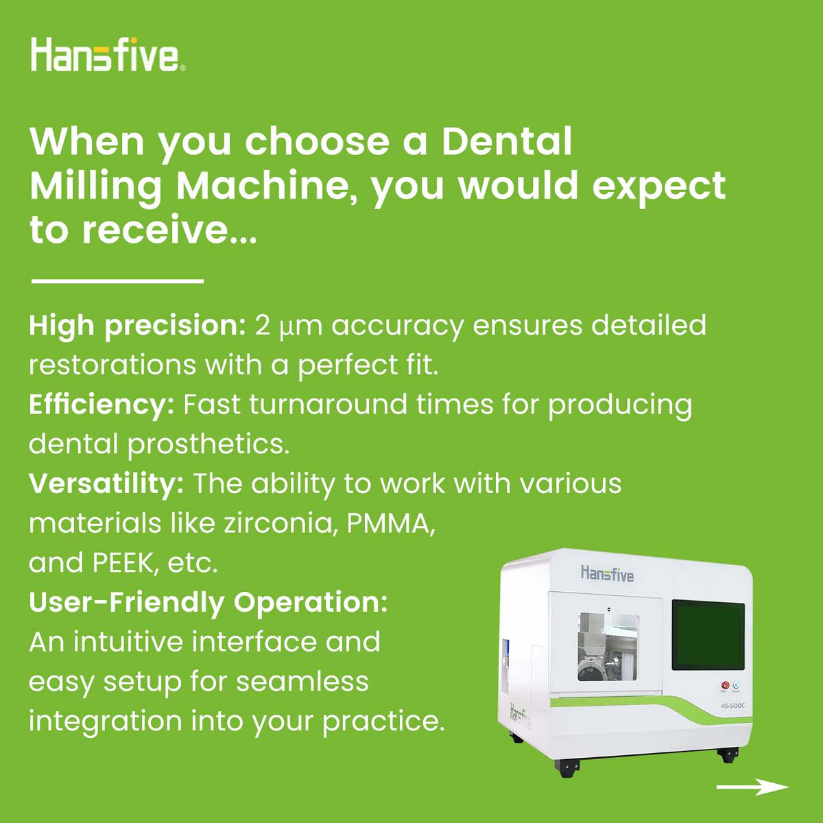 HanSfivedental's tweet image. Ready for top-notch performance? 🌟 With the 𝐇𝐒-𝟓𝟎𝟎𝐂, enjoy 2 μm precision, unbeatable efficiency, and versatility that makes your work easier. Plus, it’s user-friendly, reliable, packed with advanced tech, and comes with full support.

#hansfive #millingmachine