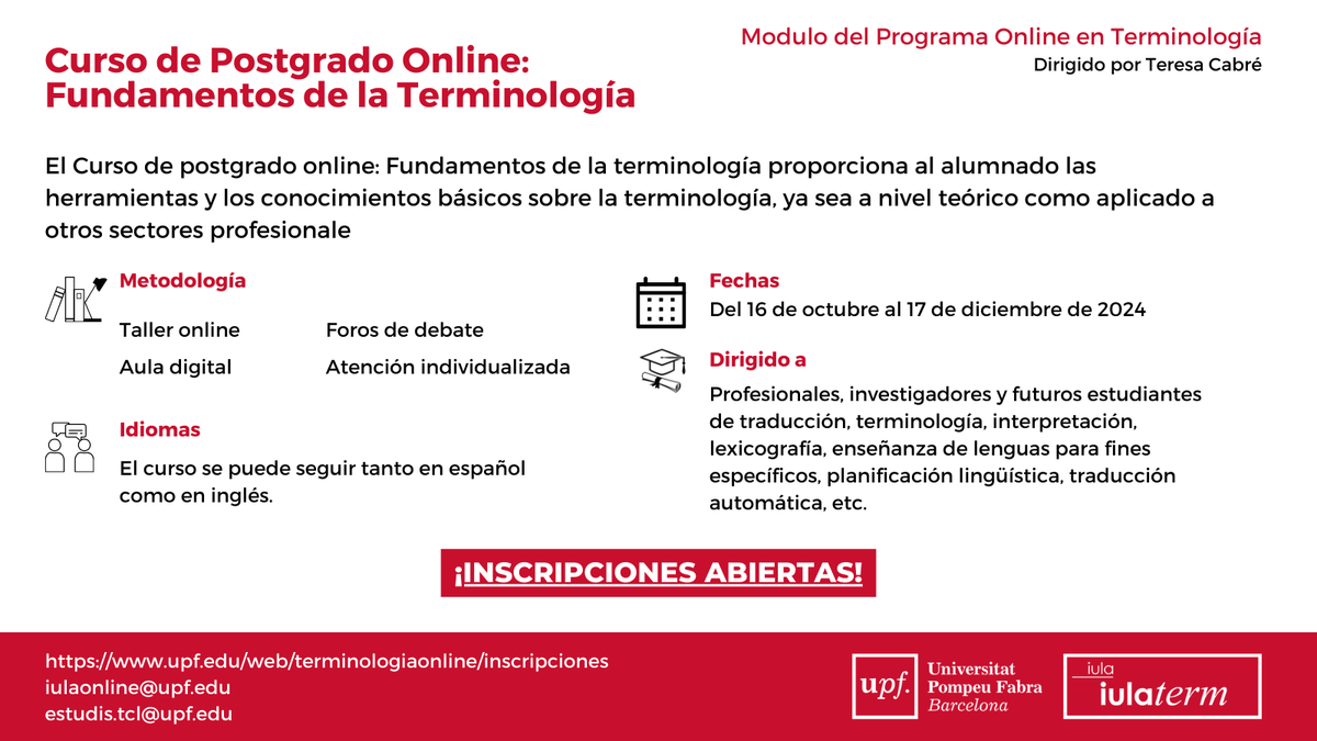 iulaonline_UPF's tweet photo. 🗣️Aún estás a tiempo de inscribirte al curso de Fundamentos de la Terminología del Máster Online.

¡Recuerda que puedes cursar los módulos individuales sin matricularte a todo el máster!

Más información e inscripciones en https://t.co/65dixgeoP3 o escribe a iulaonline@upf.edu. https://t.co/CsrCa0aR8B