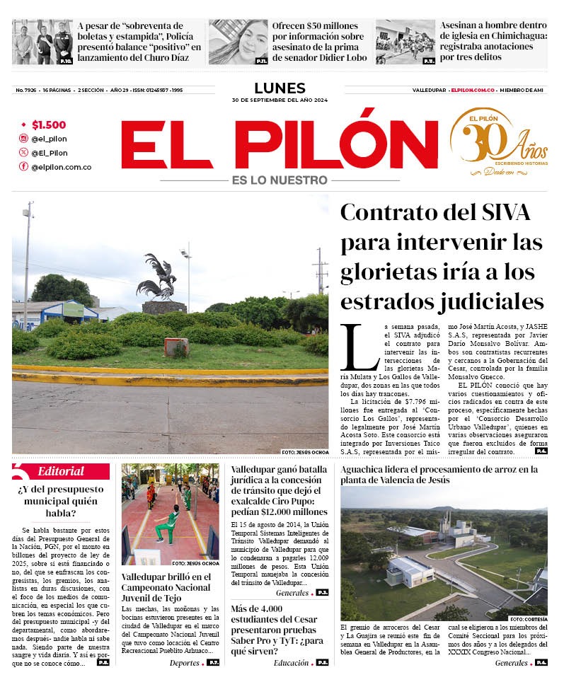 El_Pilon's tweet photo. ¡Buen día, lectores! ⛅️ Esta es nuestra portada de hoy lunes 30 de septiembre.

💻Los invitamos a visitar nuestra página web: https://t.co/CQmMdnoOqh

#elpilon #cesar #valledupar #elpilon https://t.co/qwS0VDCpzf