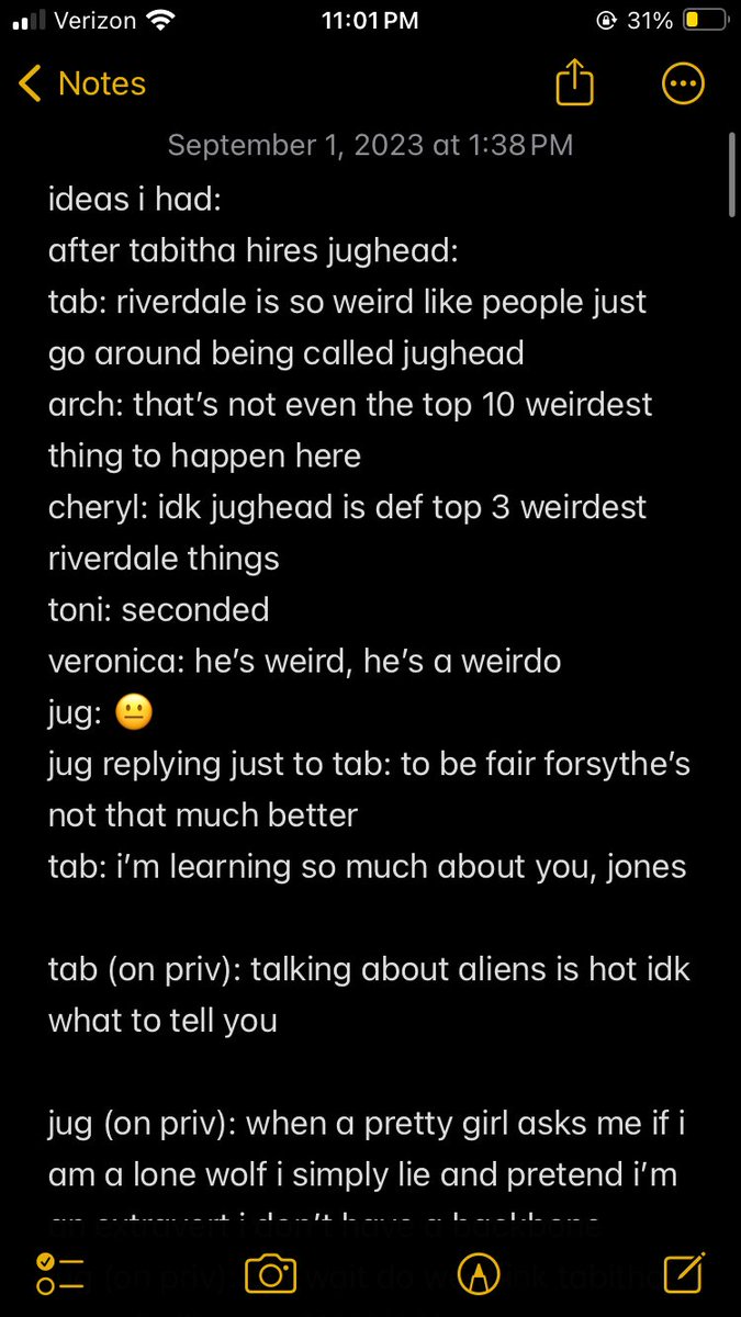 jugtates's tweet photo. not me tweeting abt riverdale twice in one day but i was looking thru my notes app and found these ideas i had for a jabitha social media retelling and ngl these made me smile https://t.co/h8wRFPX2fR