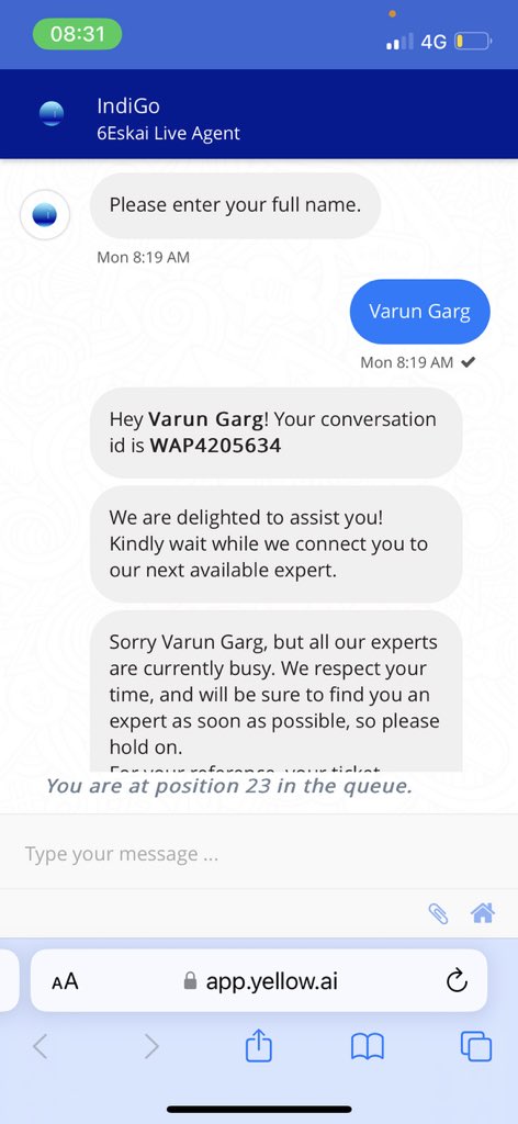 varungarg29's tweet photo. @IndiGo6E today - such a bad experience connect with indigo airline. 35 mins of long hold by customer care of indigo and 13 mins of long wait in live agent chat and que move by 11 number only. It is really difficult to connect. #indigo https://t.co/7J8p18uW0T