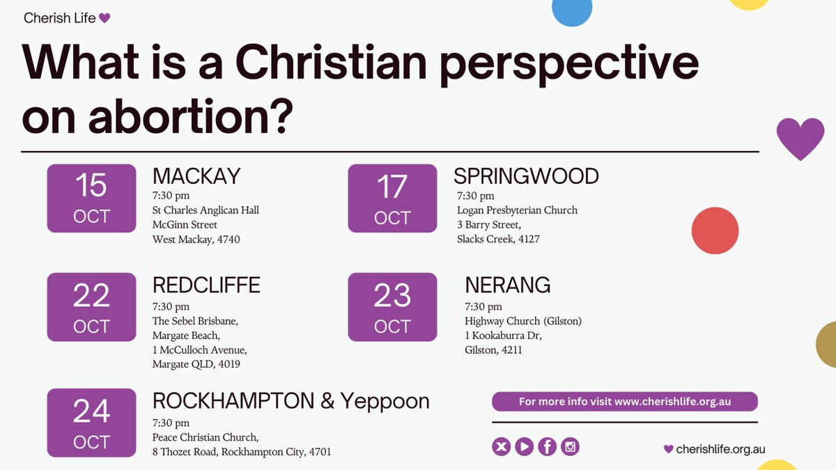 CherishLifeQLD's tweet photo. In this talk we will cover a biblical perspective on the nature of the unborn, as well as the reality of the abortion procedure. This will be done with sensitivity, but with the ultimate goal of providing clarity on the issue.

Click the specific location below:

Mackay - https://t.co/d7GDUfpXxl

Springwood - https://t.co/cMbWP1ild8

Redcliffe - https://t.co/yW8qZCJ0sz

Nerang - https://t.co/TWfR3NoNAN

Rockhampton & Yeppoon - https://t.co/IM2gCGmJOa