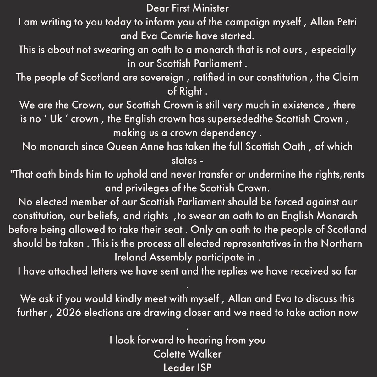 Colette Walker (@coletteisp) on Twitter photo I have sent an email to <a href="/JohnSwinney/">John Swinney</a> <a href="/ScotGovFM/">First Minister</a> on behalf of the ‘ not taking oath ‘ campaign team , <a href="/mickbrick54/">eva comrie</a> <a href="/Allanpetrie91/">Allan petrie</a> , with the letters we have sent to <a href="/HouseofCommons/">UK House of Commons</a> & our Presiding officer in <a href="/ScotParl/">Scottish Parliament</a> , the reply we received from HoC and lastly our reply , so I have sent an email to <a href="/JohnSwinney/">John Swinney</a> <a href="/ScotGovFM/">First Minister</a> on behalf of the ‘ not taking oath ‘ campaign team , <a href="/mickbrick54/">eva comrie</a> <a href="/Allanpetrie91/">Allan petrie</a> , with the letters we have sent to <a href="/HouseofCommons/">UK House of Commons</a> & our Presiding officer in <a href="/ScotParl/">Scottish Parliament</a> , the reply we received from HoC and lastly our reply , so