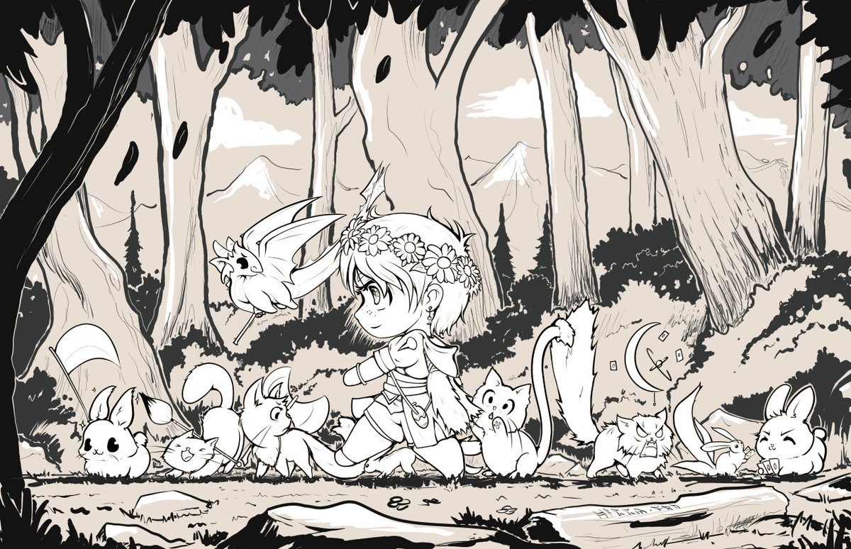 My raid group is 4 miqo'te, 2 viera, 1 au'ra and a roegadyn. One day someone said it looked like the roe was taking all their lil animal buddies out for a walk, and oops my hand slipped

Don't draw in this style a lot, it was a fun change!