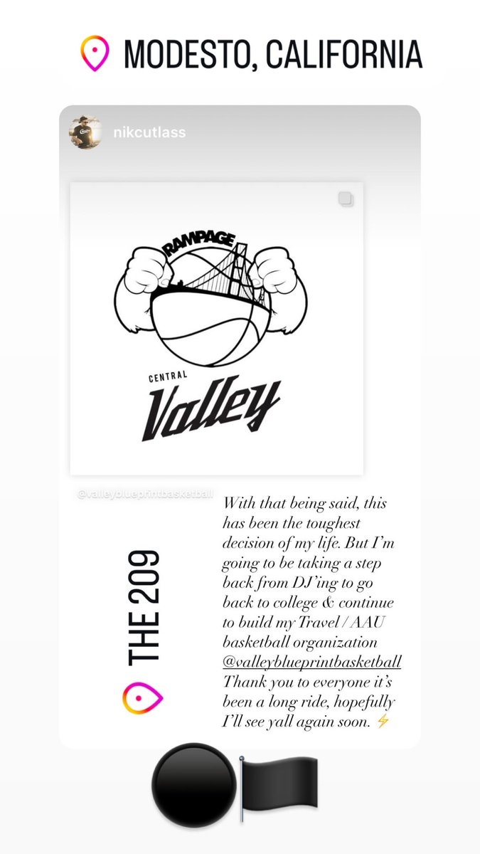 This has been the toughest decision of my life, after dedicating the past 5 years to building a music industry for the 209 in the Bay Area, I’ll be taking a step back from djing to run <a href="/TeamRampage707/">Team Rampage Basketball</a> CENTRAL VALLEY for our 2nd year, I appreciate all the love &amp; support. 🖤
