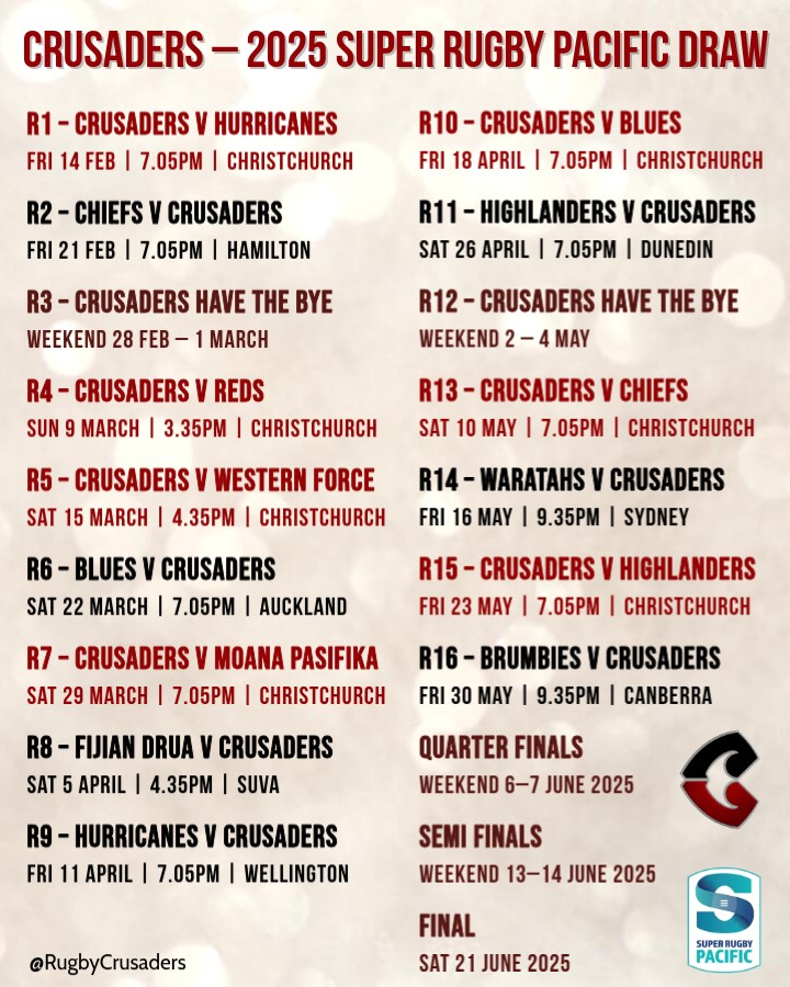 🗓️ The 2025 Super Rugby Pacific draw has been revealed! This is the Crusaders' fixtures list, with potential play-off dates added.

More info here:
crusaders.co.nz/latest/news/20…

and here:
super.rugby/superrugby/new…

#SRP2025 ❤️🖤