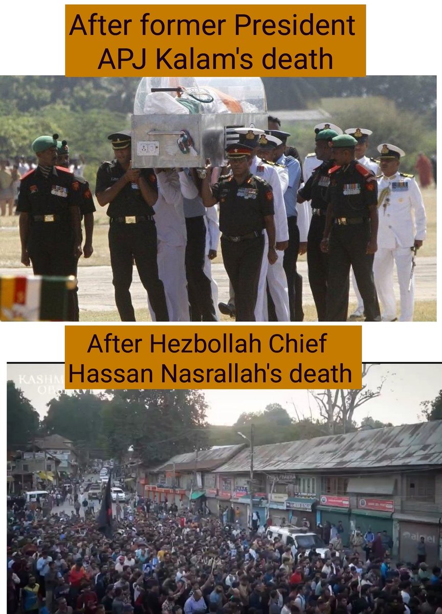 Mrsinha's tweet photo. Indian IsIamists on "Bharat Ratna" Dr Kalam's death Vs Lebanese Terrorist Hassan Nasrallah death...

Both were Muslims and yet.....