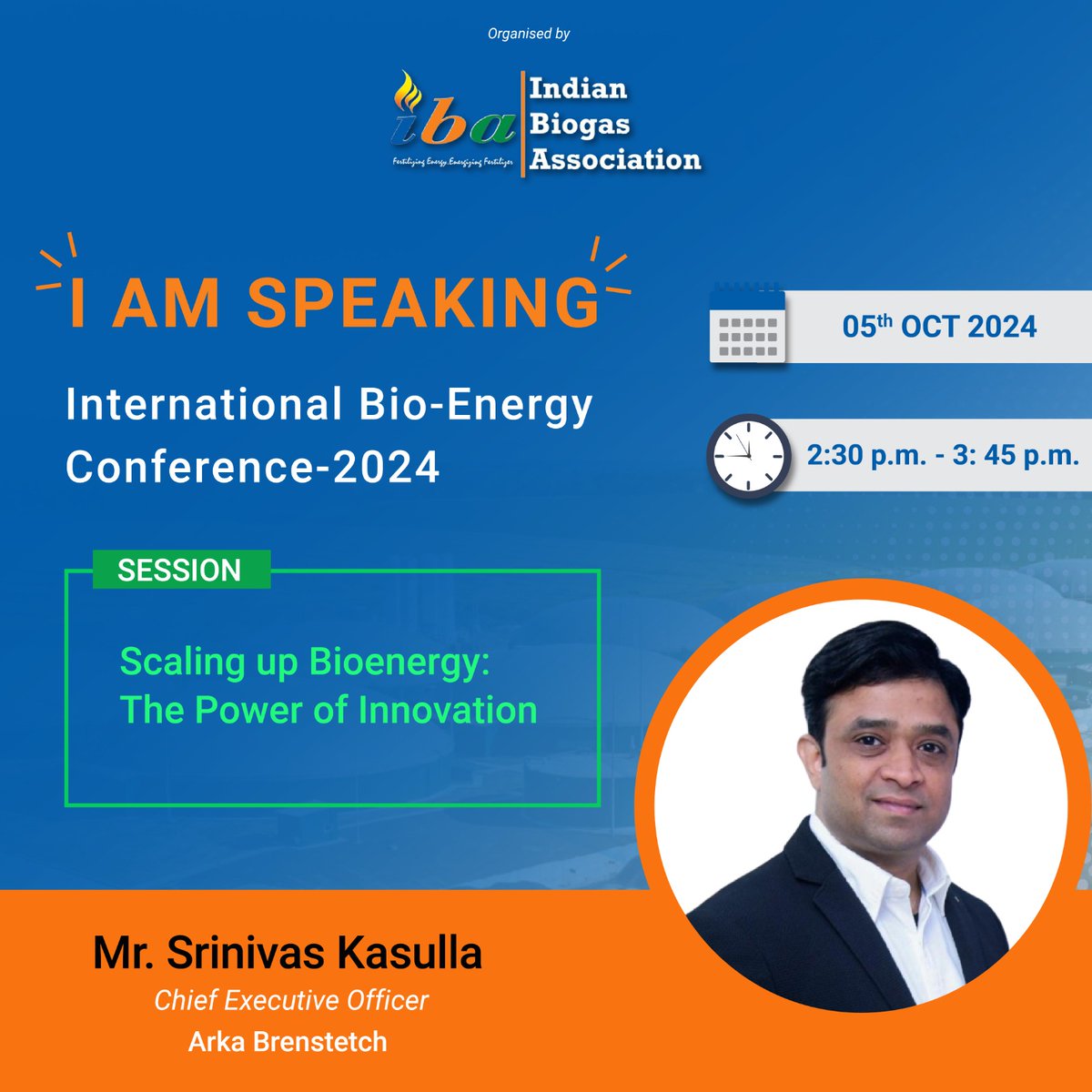 I am honored to be a part of the International Bio-Energy Conference 2024, organized by the Indian Biogas Association, where I will be speaking and moderating a session on -  Scaling up Bioenergy: The Power of Innovation.

🗓 Date: 5th October 2024
🕑 Time: 2:30 PM – 3:45 PM