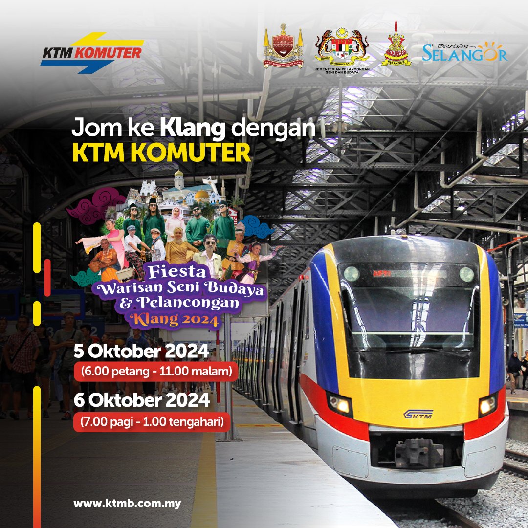 Hi #KomiFans!

Jom naik KTM Komuter ke stesen Klang dan hanya 3 minit sahaja berjalan kaki ke Fiesta Warisan Seni Budaya &amp; Pelancongan Klang 2024 yang bertempat di Padang Laman Seni Safari &amp; Galeri Diraja Sultan Abdul Aziz pada 5 dan 6 Oktober 2024 nanti.