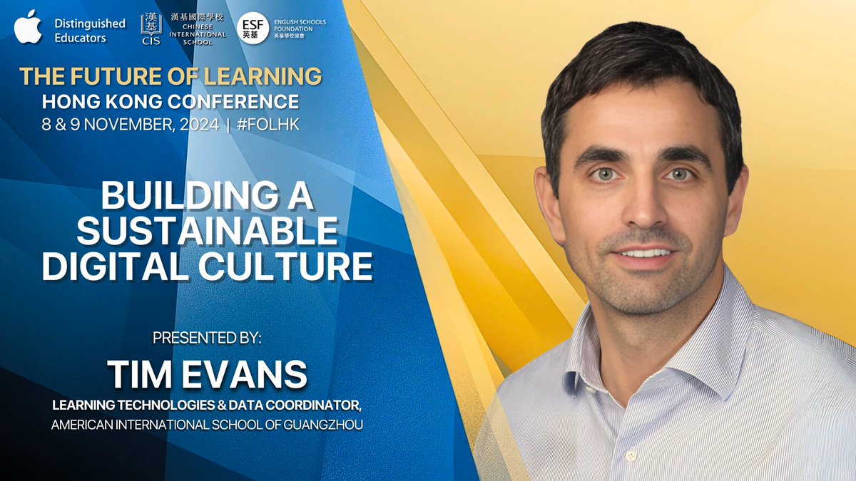 We are absolutely PUMPED to have Tim Evans joining us at #FOLHK this year to present on Building a Sustainable Digital Culture 🚀🚀

Make sure to follow <a href="/FutureLearnHK/">Future Of Learning, 🇭🇰HK Conference</a> for all conference updates! 

<a href="/edTechEvans/">Tim Evans 🏴󠁧󠁢󠁷󠁬󠁳󠁿🇪🇸🇭🇰🇦🇪🇨🇳</a> <a href="/AISGZ/">AISGZ</a> <a href="/AppleEDU/">Apple Education</a> #AppleEDUchat #ADE2024 #AppleTeacher #HongKong