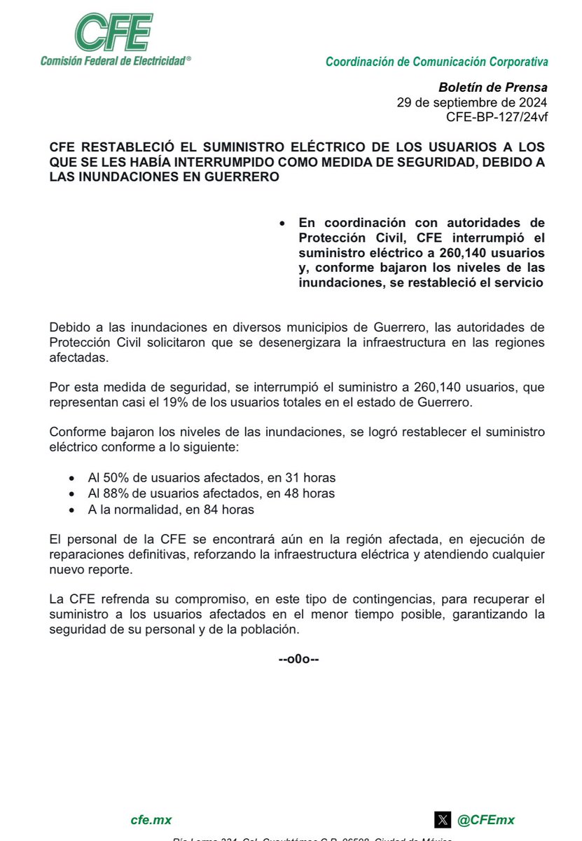 En respuesta a las inundaciones ocurridas en Guerrero, la <a href="/CFEmx/">CFEmx</a> tomó las medidas preventivas necesarias para proteger a 260,140 usuarios. Tras la reducción de los niveles de agua, se ha restablecido el suministro eléctrico a la normalidad. shorturl.at/9Oedb