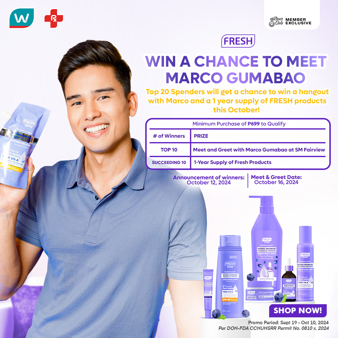 FreshSkinlabPH's tweet image. Marco hangout part 2 anyone? 🫶 Here’s your chance to meet and take #SuperGood pics with @gumabaomarco this October 16, 2024! 🤳PLUS #WIN a 1 YEAR SUPPLY of our new products.💜 Winners will be contacted by a Watsons representative by October 12, 2024. 💜 #SuperFresh