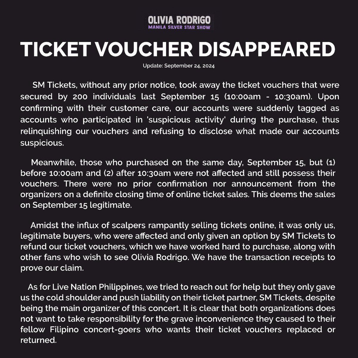 deeotw's tweet image. despite the tickets being sold out, my ticket id is still valid which means my tickets are STILL IN YOUR SYSTEM.

❗️help us bring back our vouchers by signing the petition here: change.org/NoToRefund

#ReturnOurVouchers
#NoToRefund
#GutsWorldTourManila
#OliviaRodrigo