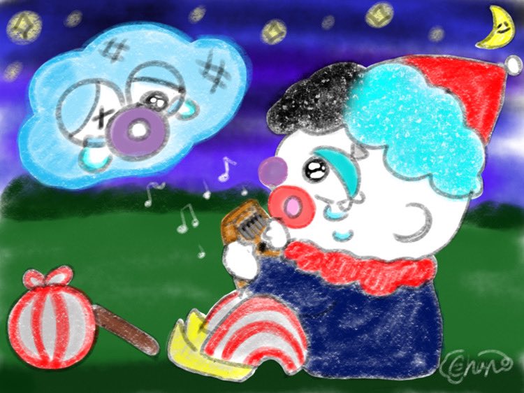 Chiharumaru20's tweet photo. 「ピエロのロルペとクラッピー」

夜、カリンバを弾いてたロルペ。そこへ魔法の使えないボロボロのクラッピーがロルペの弾くカリンバの音に涙を流しなが寄ってきました。クラッピーは雷も雨も出せなくて雷様たちにいじめを受けていて空から逃げ出してきました。

 #イラスト  #絵描きさんと繋がたい https://t.co/n0WueXL3bx