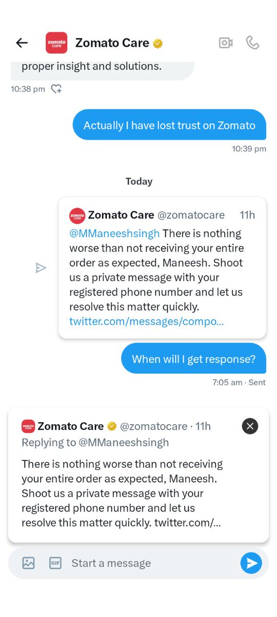 MManeeshsingh's tweet photo. @zomato @zomatocare you guys are just making fool to the customer, bologe private msg karo usake baad apka response hi nai ata . Don't take granted @deepigoyal kuch kar skate ho ap? https://t.co/fj9rydz8yI