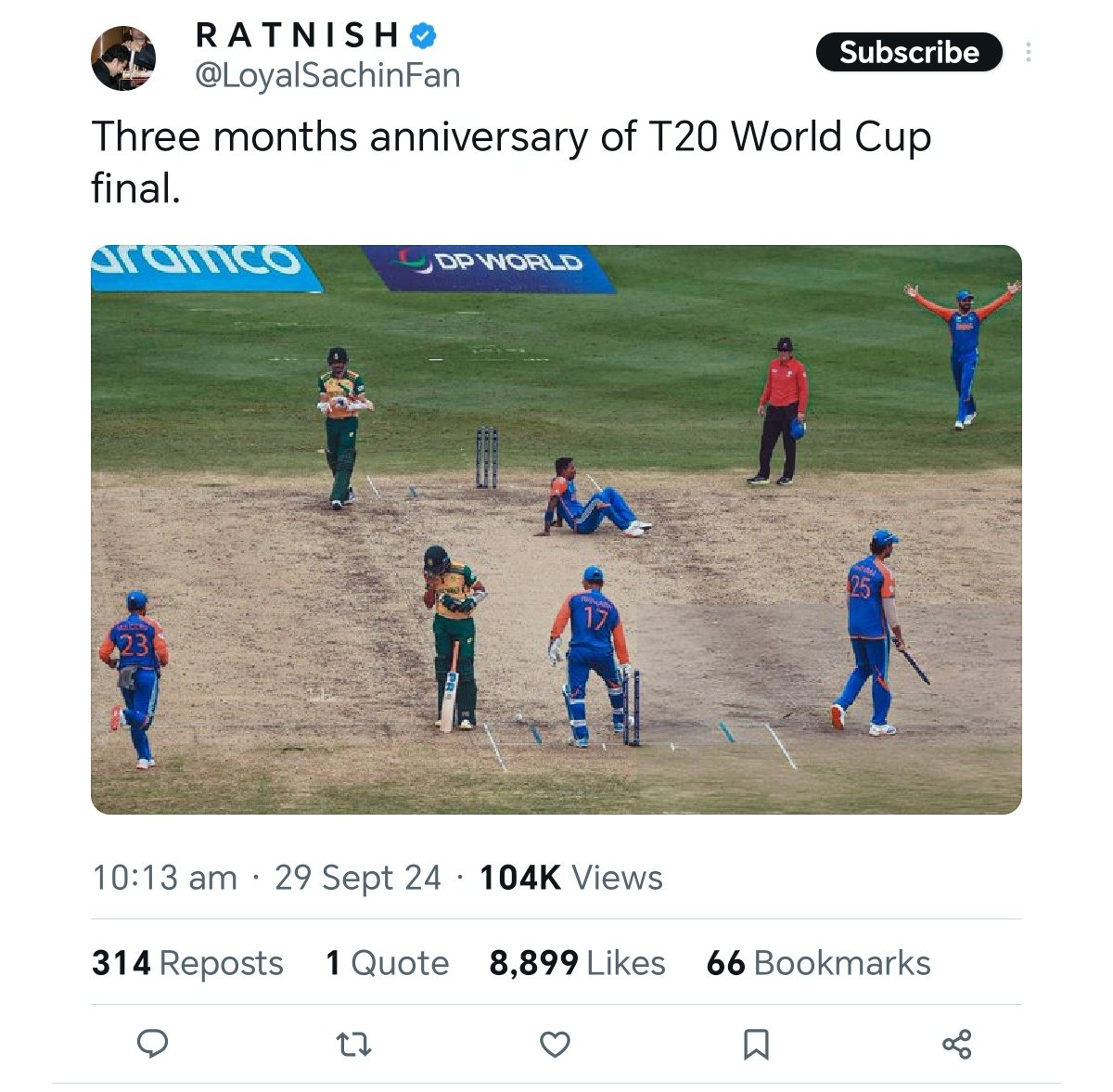 Three months 1 day anniversary of T20 World Cup final.

Earlier there used to be 1 year anniversaries but now people tweet anything, they got so much reach on  nonsense tweet, so I am also tweeting a nonsense, who knows I may also get rich. 😂😂😂😂