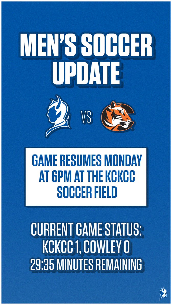 MSOC Update:
The remainder of the Men's Soccer game against No.4 Cowley will take place at 6pm tonight at the KCKCC Soccer field.

#KCKCCProud #HornsUp