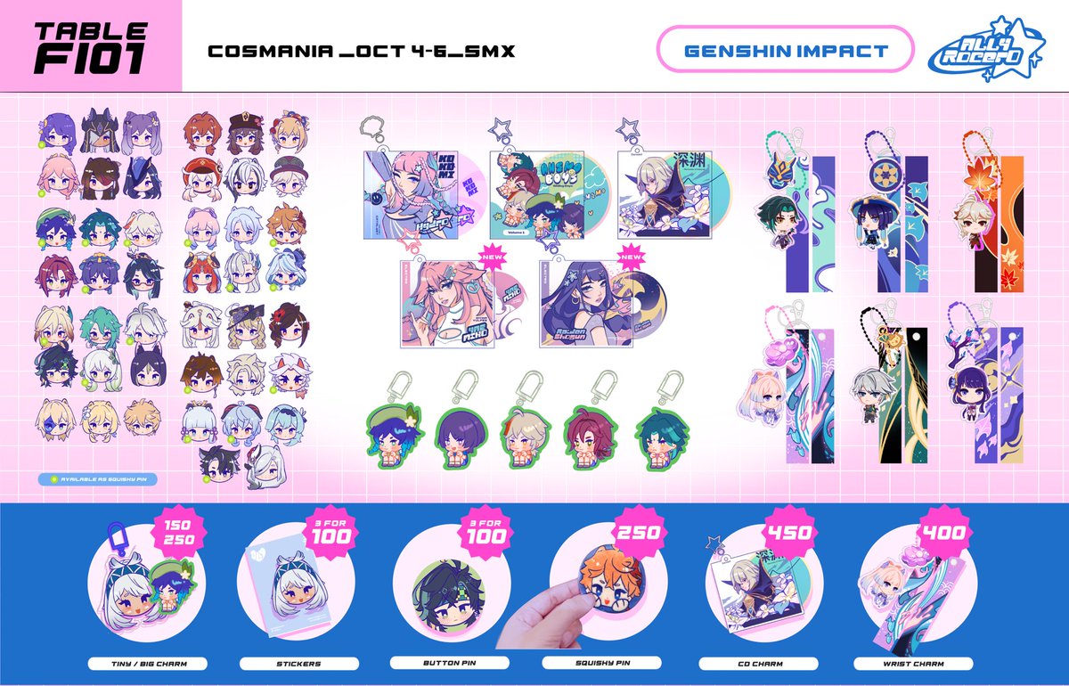 Hello! I will be tabling at COSMANIA @ Table # FI01 , hope you can drop by! 🥹 I have new stuff!

💜 Cosplay Mania 
💙 SMX Pasay City
💚 October 4-6 2024

See thread for full catalog &amp; info~

For pre-orders please send me a DM! I will only entertain them until October 2! (1/2)