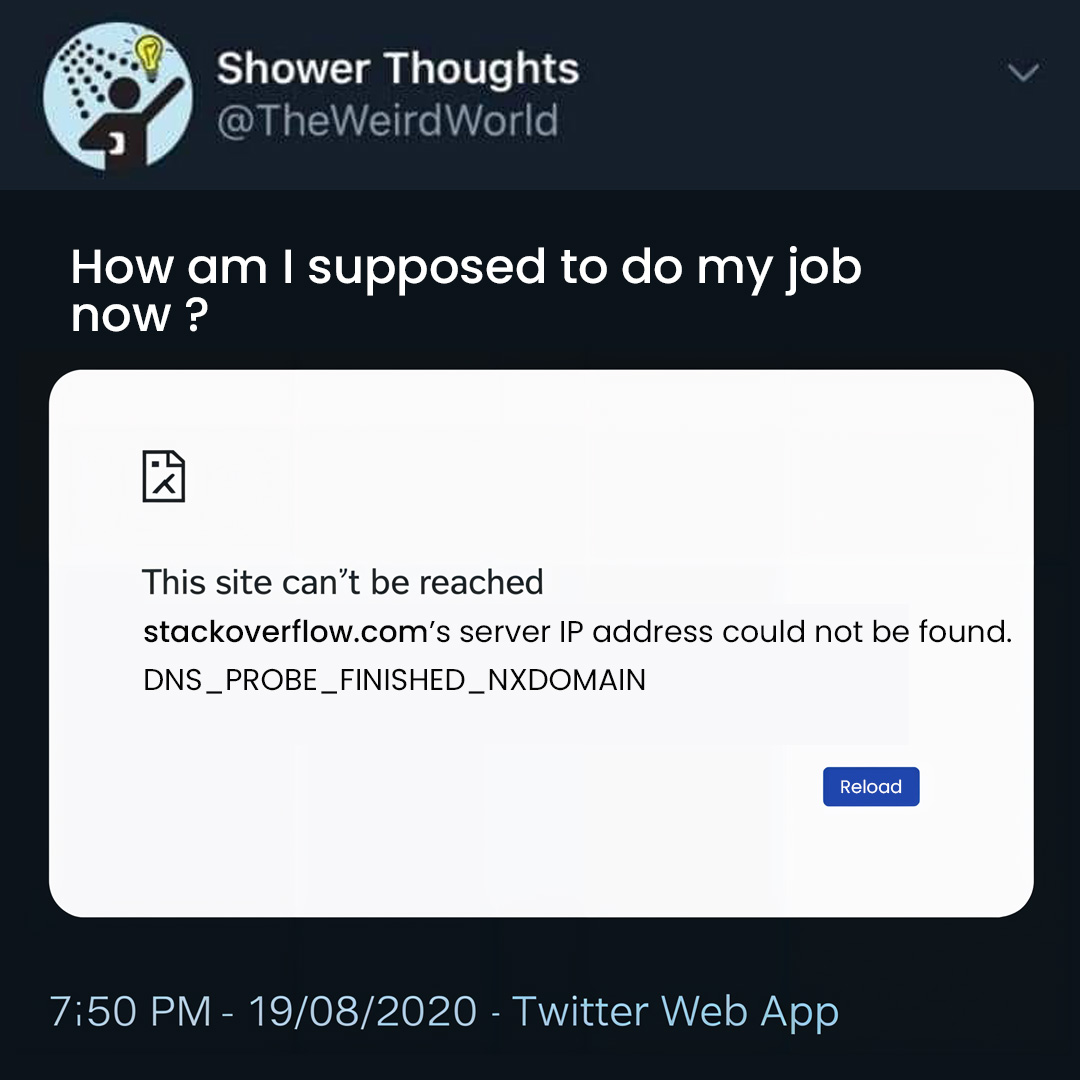 Techzach_en's tweet image. When Stack Overflow goes down, so does my productivity! 📷📷 How do you code when the lifeline is offline? #CoderProblems #StackOverflowDown #DevLife #TechMeme #DeveloperStruggles #DNSFail #CodeLife #ProgrammersHumor #WebDev