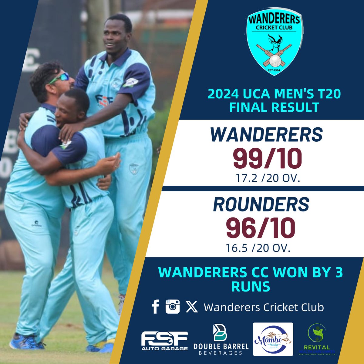 Wanderers Cricket Club (@wandererscricug) on Twitter photo A 3-run win against Rounders CC yesterday at Lugogo Cricket Oval ended our long 11-year trophy drought.
Full match details 👉🏾 ugcricket.com/Uganda/viewSco… | <a href="/RealAmenities/">Mambo freshy Amenities</a>
#FollowWanderersUg A 3-run win against Rounders CC yesterday at Lugogo Cricket Oval ended our long 11-year trophy drought.
Full match details 👉🏾 ugcricket.com/Uganda/viewSco… | <a href="/RealAmenities/">Mambo freshy Amenities</a>
#FollowWanderersUg
