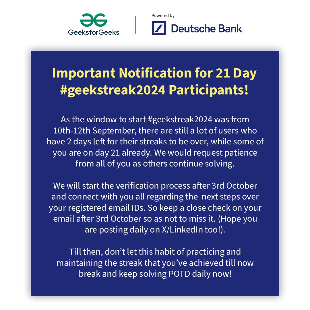 geeksforgeeks's tweet photo. #geekstreak2024 📢 Important! 📢 https://t.co/P3lsBsPMgi