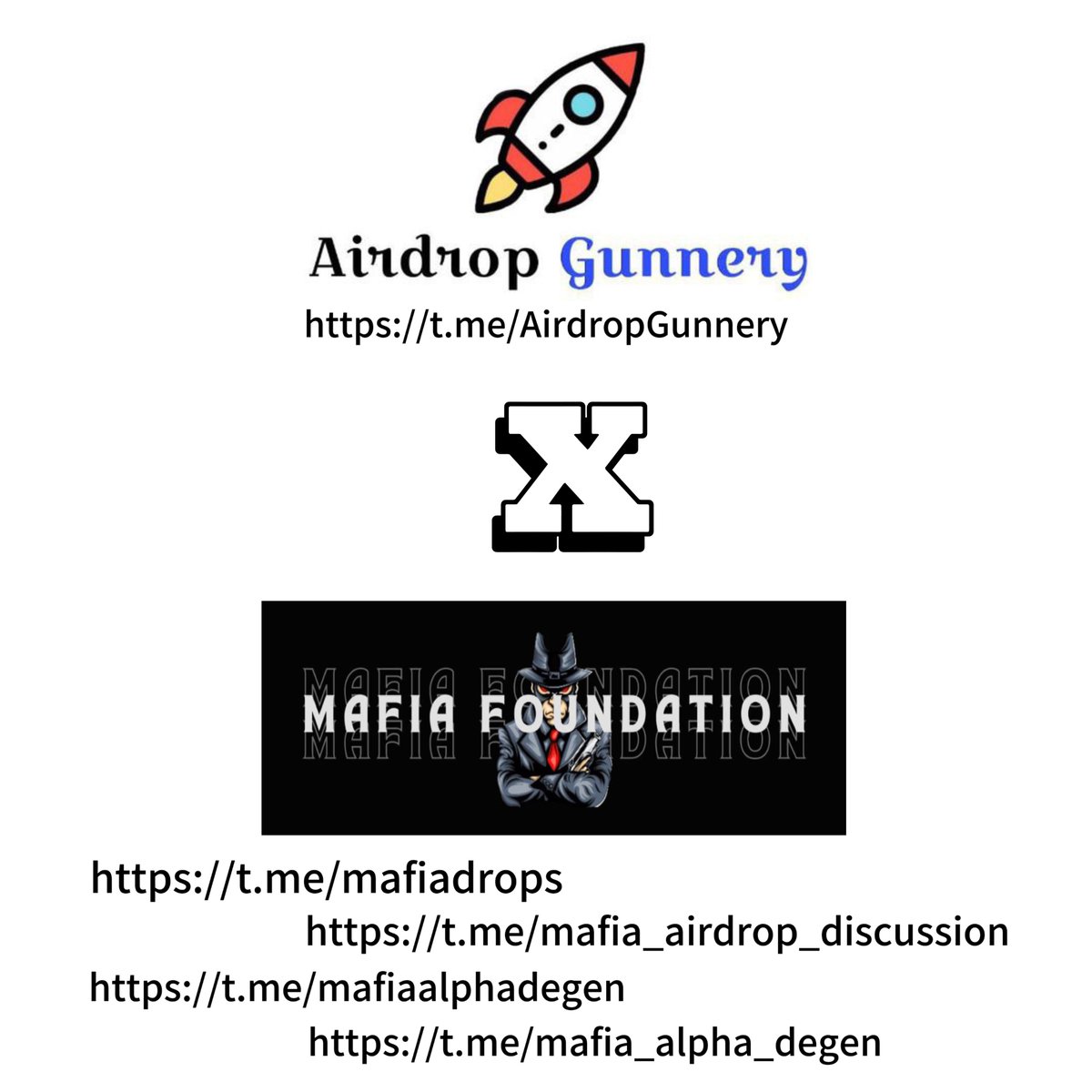 OFFICIAL PARTNERSHIP
Mafia Foundation ( Airdrop, KOLs &amp; Degen Community ) x Airdrop Gunnery

Join and get information for Airdrop
Channel : t.me/mafiadrops , t.me/mafiaalphadegen &amp; @airdropgunnery 
Grup Chat : t.me/mafia_airdrop_… , t.me/mafia_alpha_de…